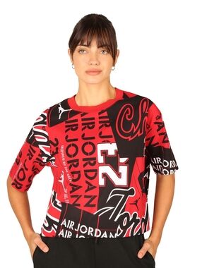 Air Jordan Heritage All Over Print Graphic Tee Red Black Crop T-Shirt Size S